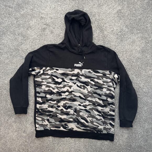 Puma Hoodie Mens XL Black Gray Camo Pullover Sweatshirt Logo Pocket Casual XL - Picture 1 of 12